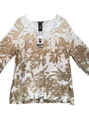 Premise Womens Linen Tunic Top 3/4 Sleeve Crochet V-Neck Size L White Tan Floral
